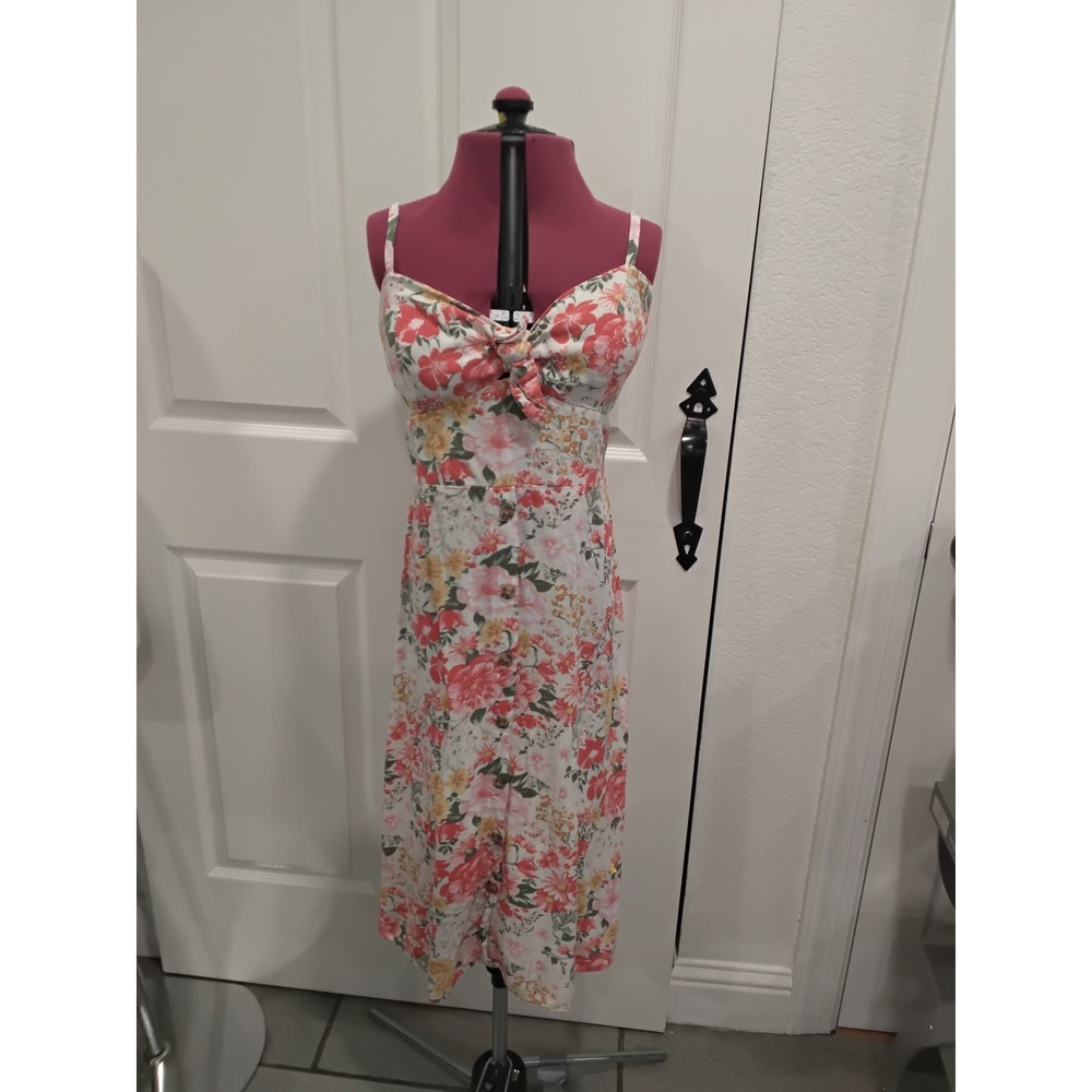 AUW Collection Floral Midi Dress Button Front Sweetheart Neck‎ Spaghetti Strap L